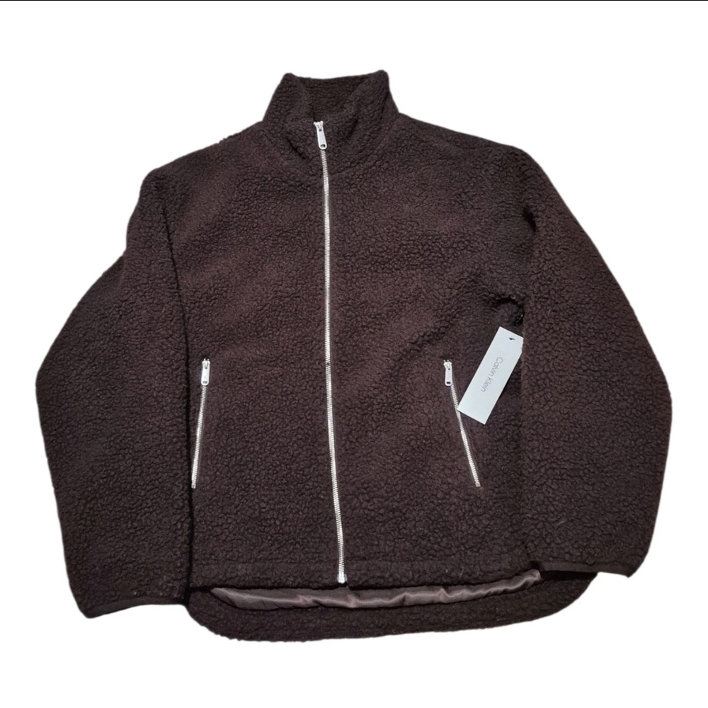 Women’s Calvin Klein Sherpa Zip-Up Jacket Brown, Size M Medium NWT